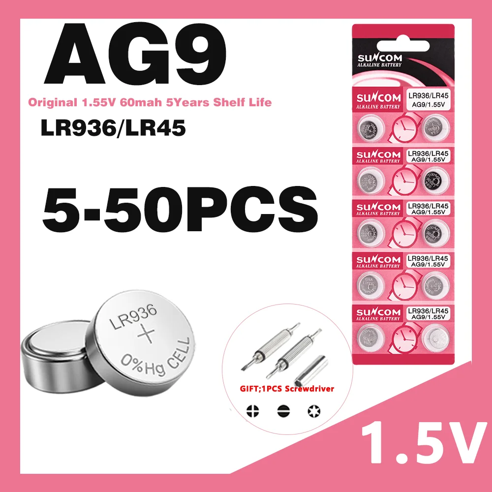 5-50PCS 1.55V AG9 60mAh Button Cell LR936 394 SR936SW CX194 LR45  G9A 194 394A SR936 L936F Cell Coin Watch Toys Remote Battery