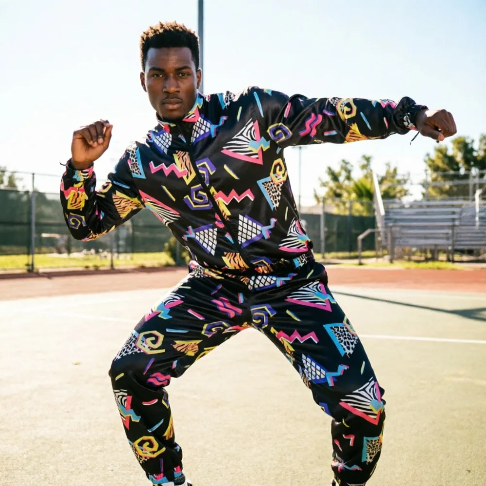 Men's Functional 80s Tracksuit, Bold Geometric Satin Outfit for Daily Work, Halloween Costume & Practical Commute
