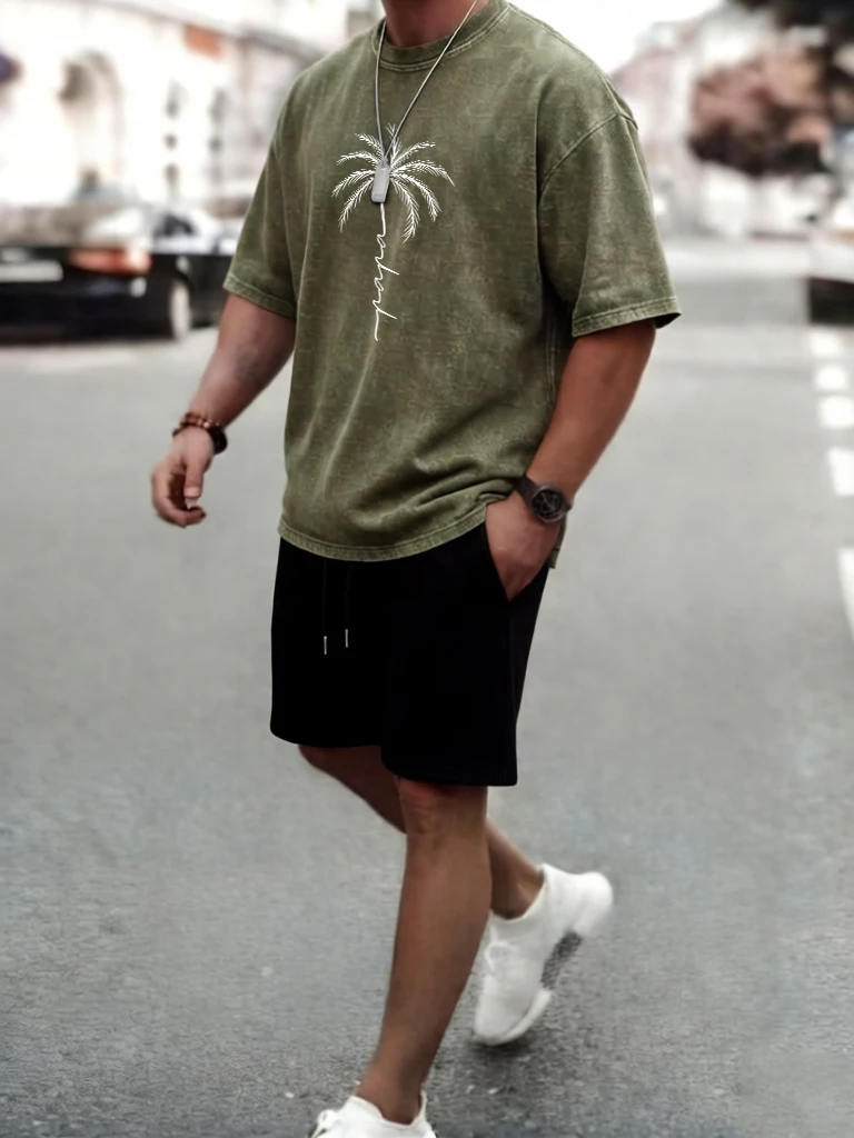 Kokosnussbaum Kreativer Skizzen-Print Herren Vintage Washed T-Shirt Lässiges Baumwoll-Kurzarm-Shirt Atmungsaktives Sport-Shorts-Set Hip-Hop-Oberteil