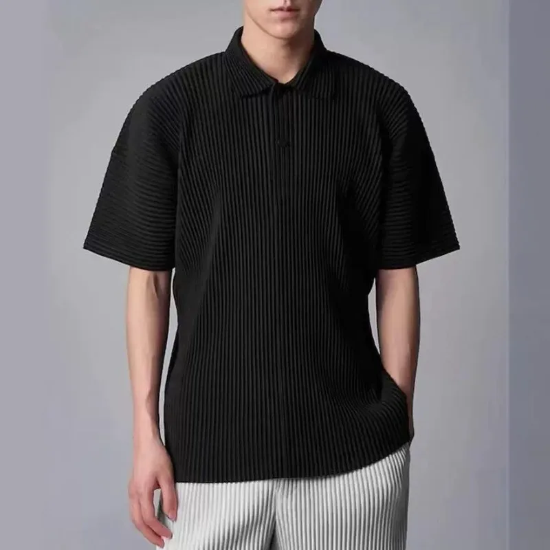 Pleated Polo Shirt Men Short Sleeve 2027 Summer Turn-Down Collar Button Side Slit T-Shirt Loose Fit Plus Size Solid Color Top