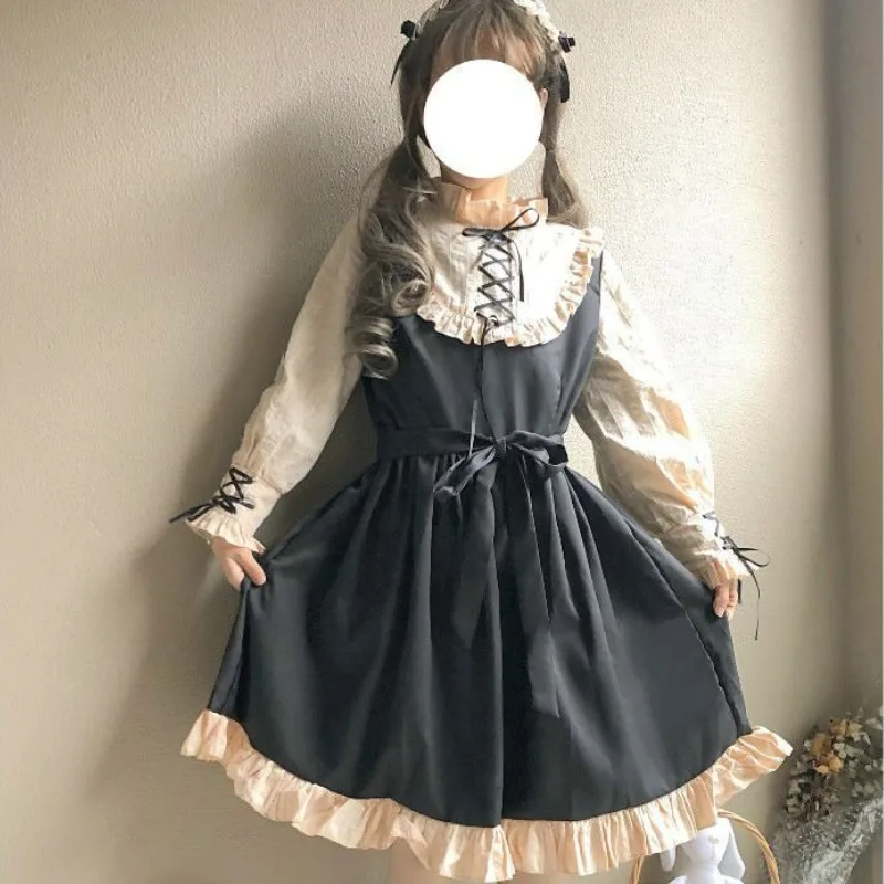 Abito vittoriano gotico Lolita OP Vintage elegante donna volant O collo fasciatura manica lunga abiti da principessa Harajuku Party Dress