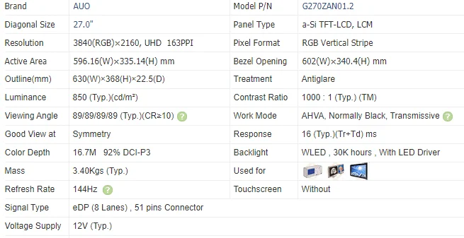 G270ZAN01.2 4K &144HZ Panel LCD Display Screen