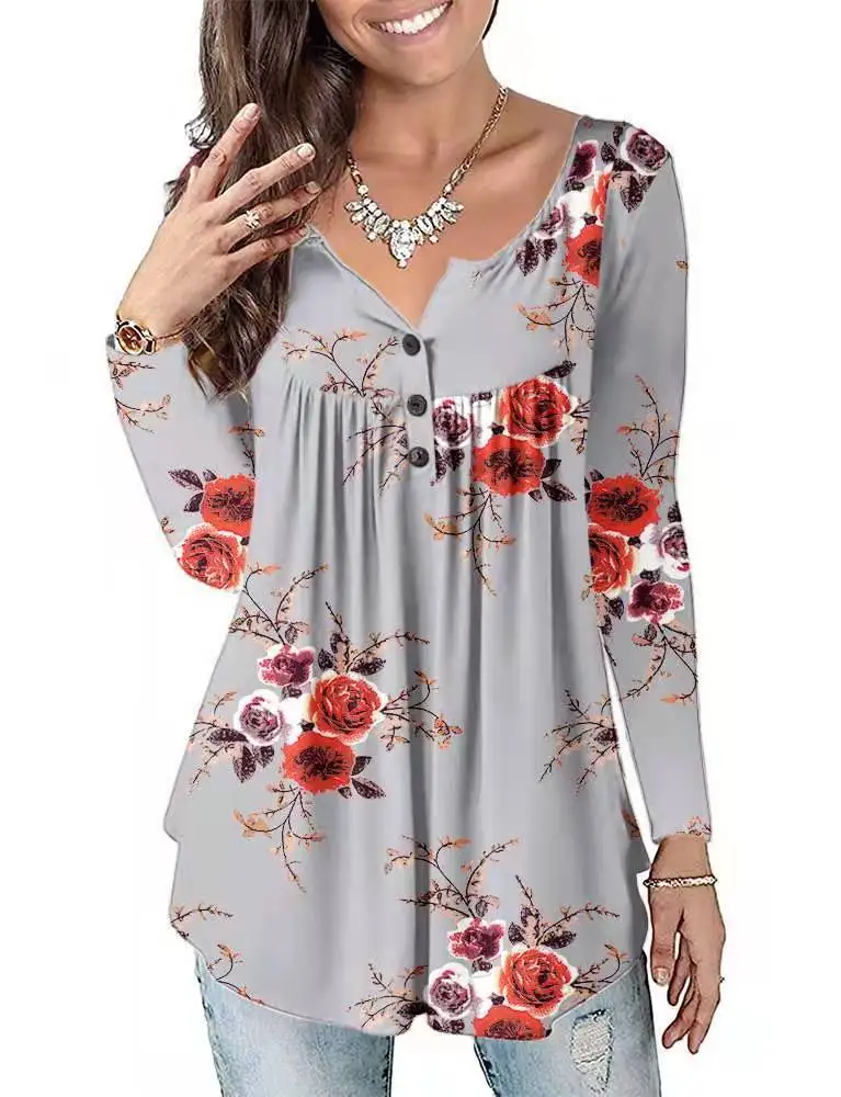 Spring and Autumn Fashion Women's Flower Star Print Open Button V-Neck Long Sleeve T-Shirt Casual Commuter Office Top Lady