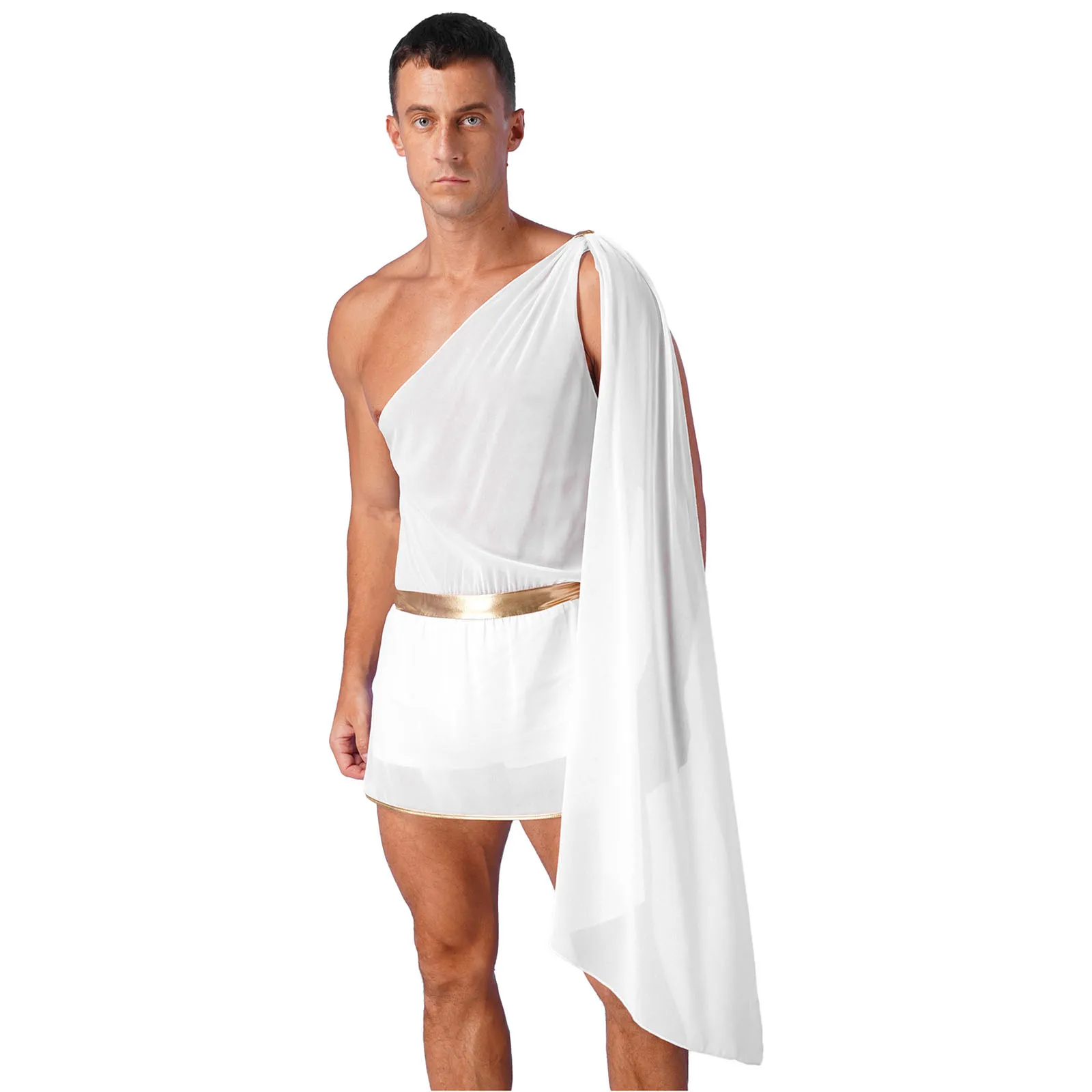 

Greek God Costume White Men Mr Toga Cosplay Costumes One Shoulder with Slit Skirts Tunic Jumpsuit Nightclub Carnival Dress Up