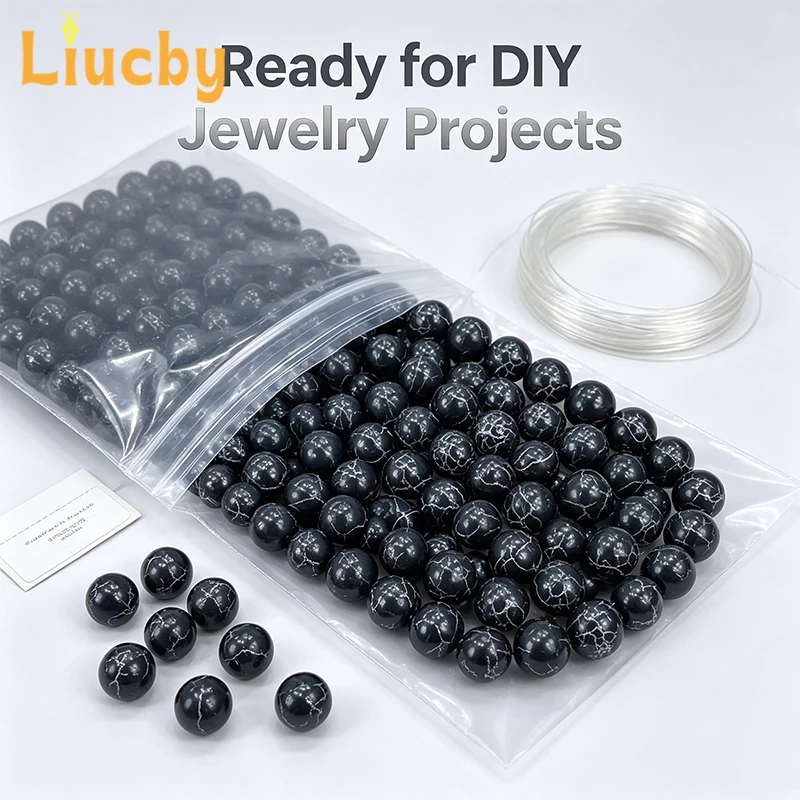 Synthetic Black Turquoise Round Loose Beads Silver Vein Spacer Stone Beads Bulk for DIY Jewelry Making Bracelet Necklace Earring