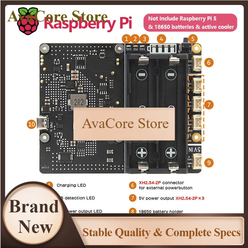 AvaCoreGeekworm Raspberry Pi 5 18650 UPS, X1201 V1.1 Power Management Board With Auto Power On For Pi 5