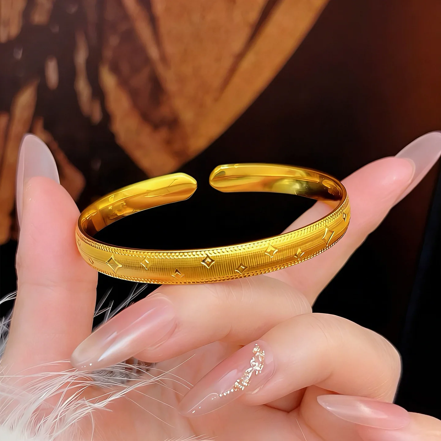 New Chinese style 24K real gold sparkling ancient brushed four-pointed star bracelet 9999 women'sopen ring solid bracelet