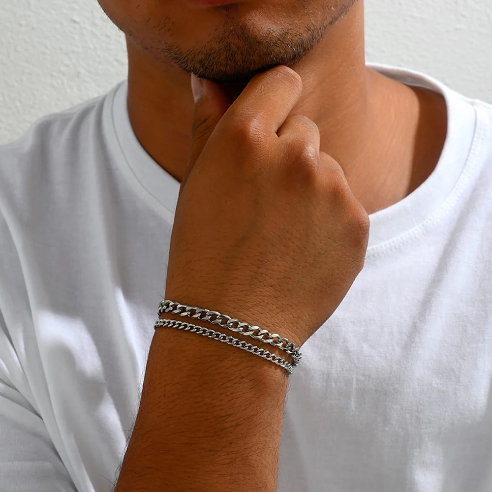 Edelstahl Kubanische Kettenarmband-Set Silberfarben Titanstahl Herrenarmband Modeschmuck Trend-Accessoires Männergeschenk – Detail 1