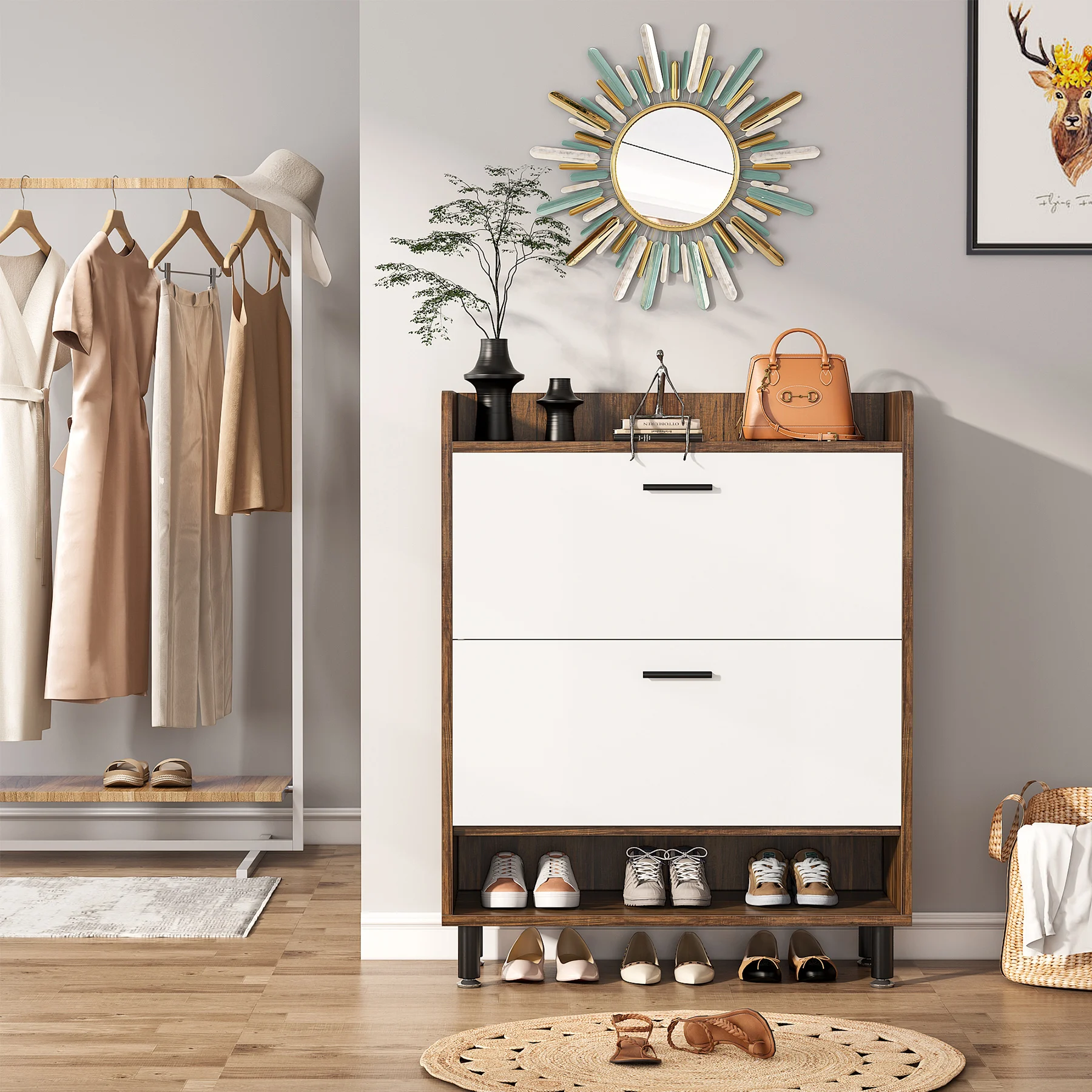 Tribesigns Shoe Cabinet, 2-Tier Shoe Storage Cabinet with Flip Doors, Vintage Entryway Shoe Organizer Rack with Open Shelves image 4
