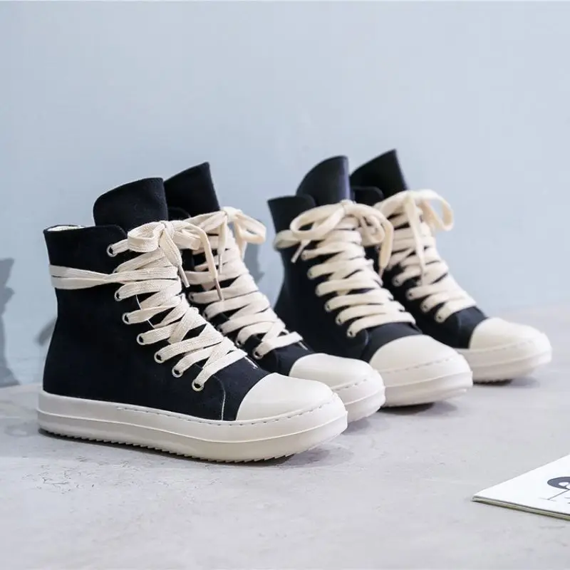 

Women Canvas Shoes Luxury Platform Boots Men Lace Up Sneakers Casual Woman Height Increase Zip High-TOP Flats Black Couple Shoe