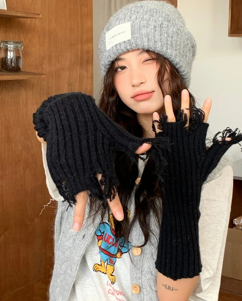 Half-Finger Gloves Women's Autumn/Winter Korean Edition All-Tie Knitted Warm Vertical Striped Student Gloves For Women