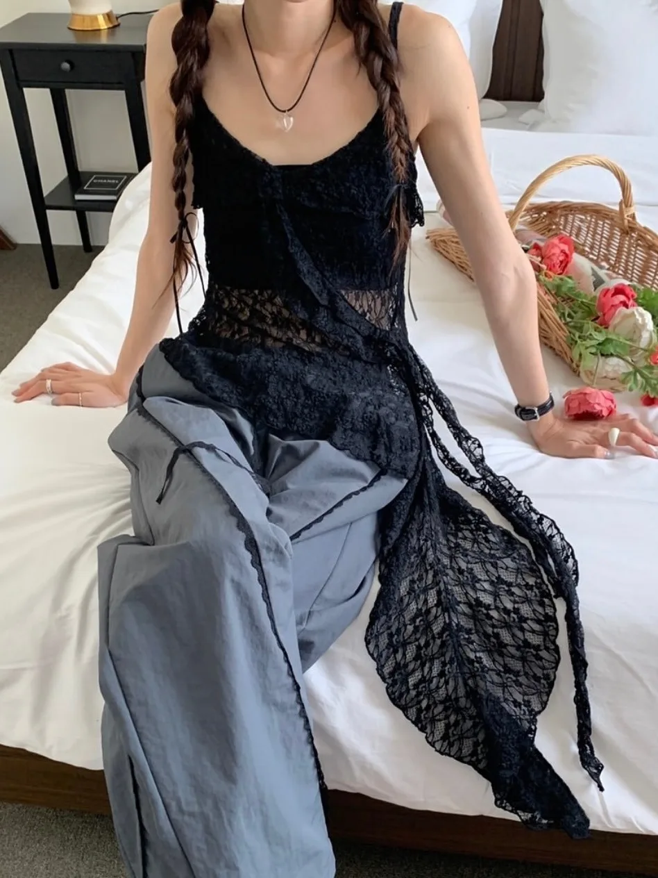 Chic Spitze Übergroßen Crop Top frauen Sommer Neue Sle Pure Desire Sexy Layered Weste Bluse Mid-Länge Svel oberbekleidung