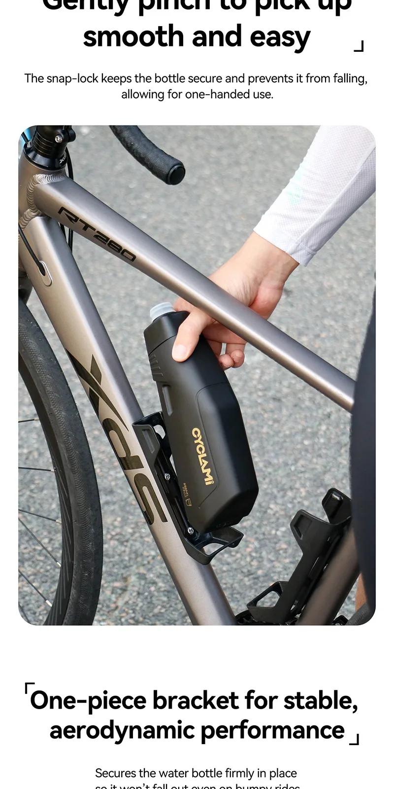 CYCLAMI 650ml Aerodynamisches Fahrradflaschenhalterungsset PP5 Quetschbare Fahrradflasche mit Silikondeckel für Rennrad und Mountainbike-Rahmen – Detail 6