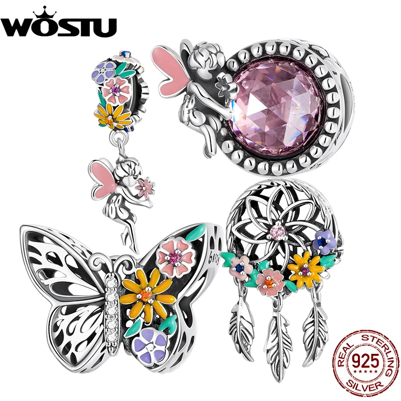 WOSTU 925 Sterling Silver Charm Flower Butterfly Pendant Garland Dreamcatcher Flower Fairy for Women Bracelets Fine Jewelry