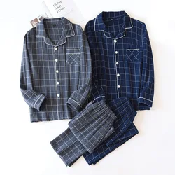 New men's plaid home service suit 100% cotton crepe cloth pajamas long-sleeved trousers simple two-color plus size home service