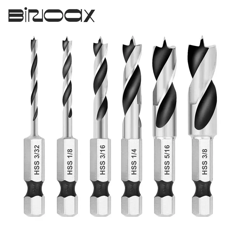 

Binoax 6pcs HSS SAE Brad Point Stubby Drill Bit Set for Wood With 1/4-Inch Quick Change Hex Shank 3/32 1/8 3/16 1/4 5/16 3/8