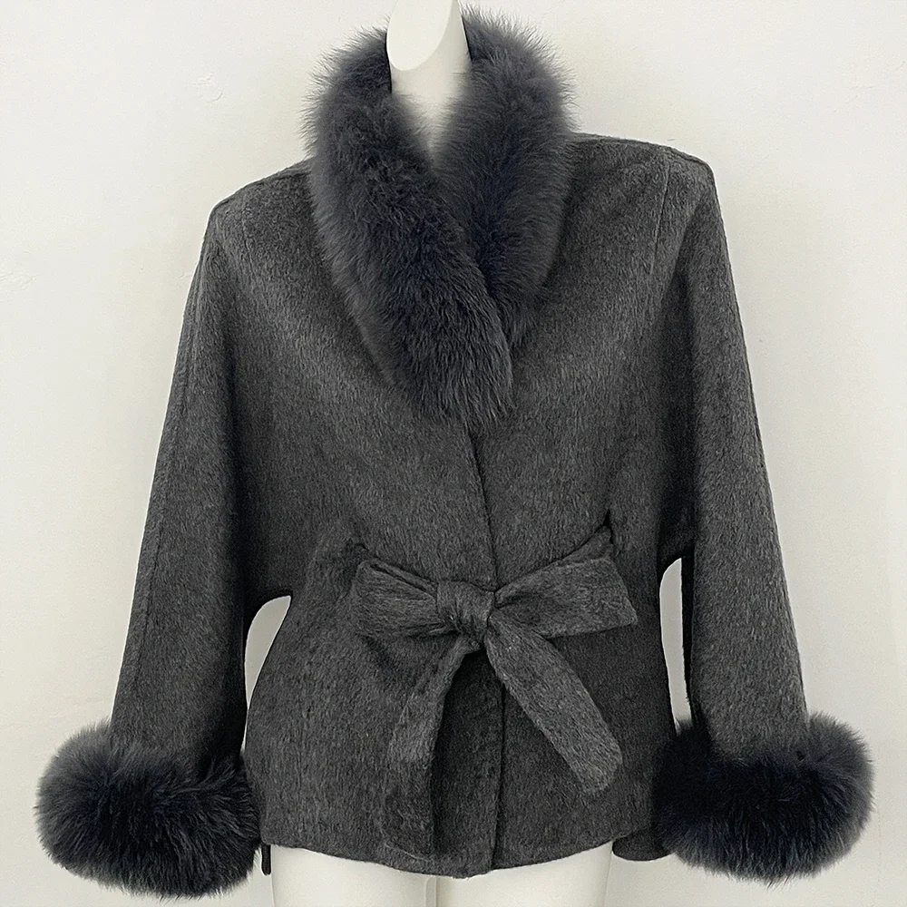 OFTBUY Neue Winter Natürliche Pelz-Wolljacke für Damen Luxuriöser Kurzer 100% Wollmantel Echter Fuchspelzkragen mit Gürtel Damen-Oberbekleidung – Detail 11