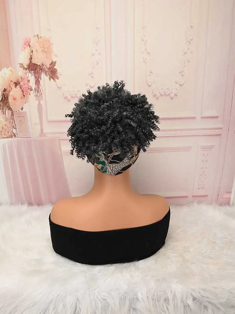 Grey‑Black Kinky Curly Headband Wig with Green African Print Turban Heat‑Resistant Synthetic Glueless Short Afro Wig - view 5