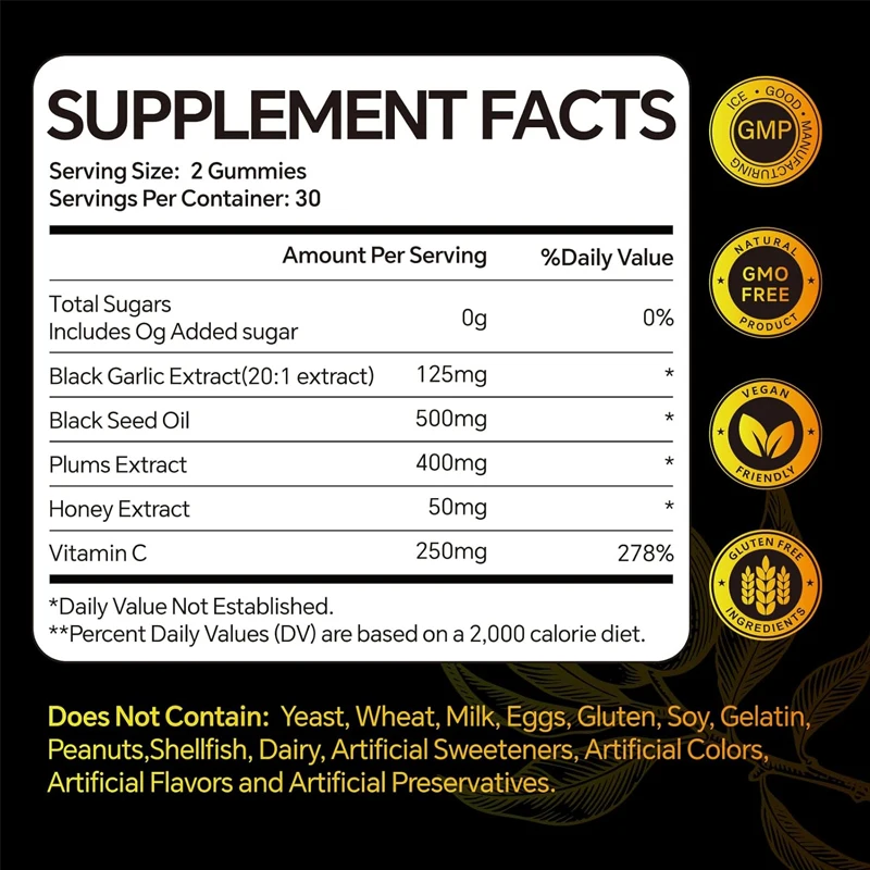 Black Garlic and Black Seed Oil Gummies, Containing Honey, Vitamin C, Plum Extract, Overall Health, Non GMO and Vegetarian