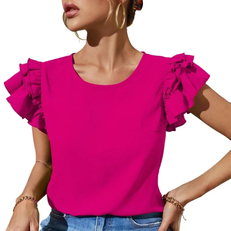 Elegant Casual Women Top Temperament Commuter Round Neck Comfortable Breathable Short Sleeve Ruffle Sleeves Trendy Female Blouse