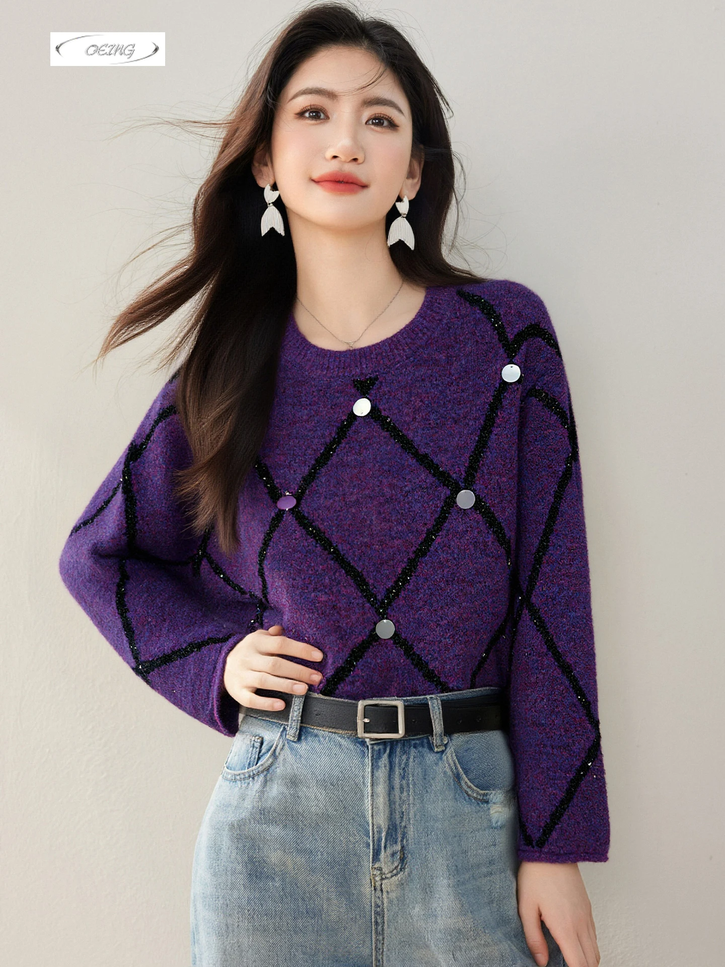 

Корейский стиль, ромбовидная сетка, фиолетовый вязаный пуловер, свитер, женские топы, осень-зима, элегантный свободный джемпер с круглым вырезом и длинными рукавами 9732