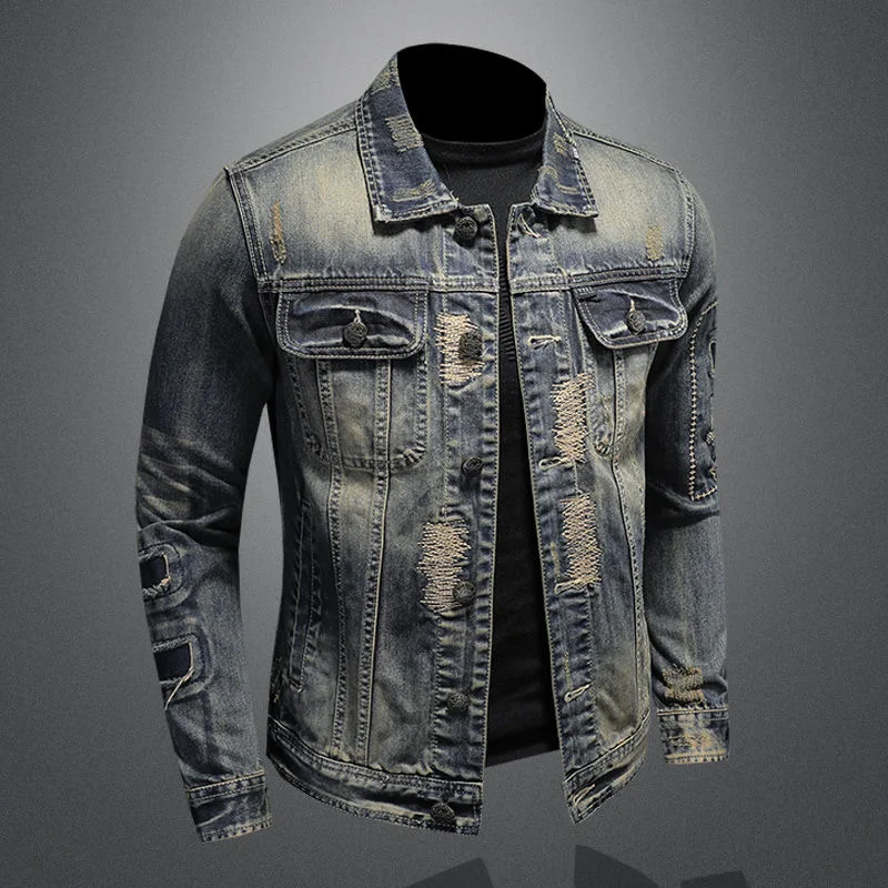 2023 Spring and Autumn New Fashion Trend Ripped Vintage Jeans Jacket Men\'s Casual Loose Comfortable High Quality Plus-Size Coat