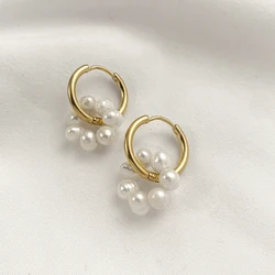 Irregular Real Pearl Round Pendant with Golden Stainless Steel Ear Buckle Hoop Earrings for Women Statement Jewelry Gifts