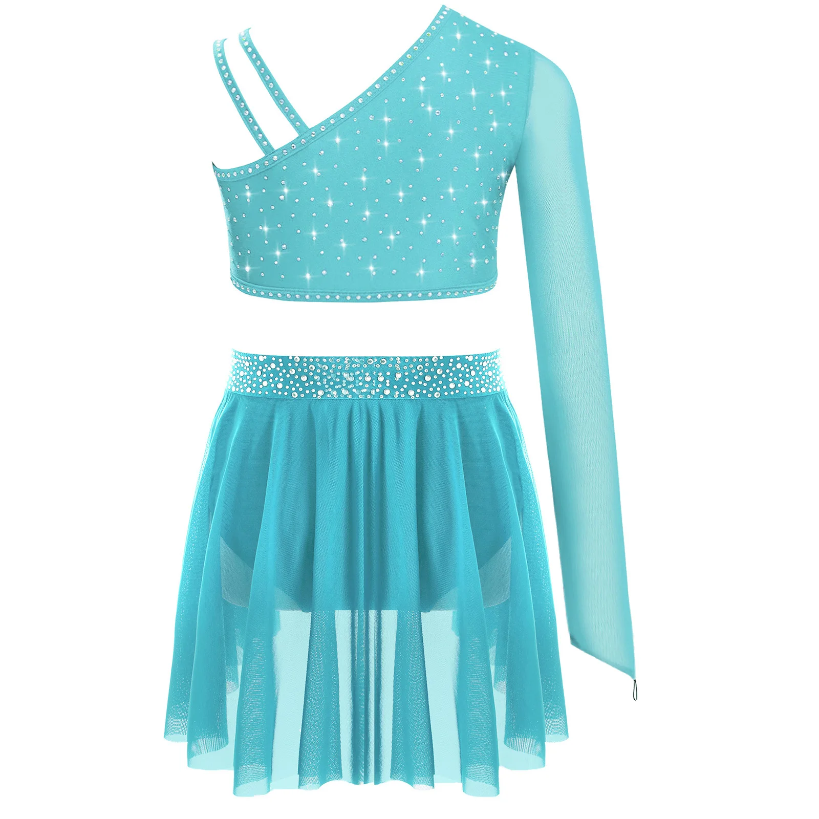 

Kids Girls Ballet Dance Sets Gymnastics Performance Costume Rhinestones Irregular Shoulder Crop Top with Briefs 2-piece Outfits