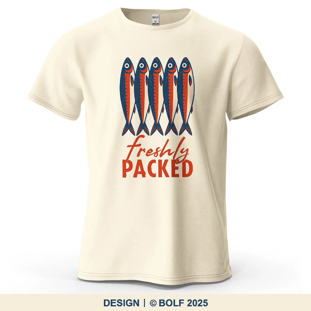 Retro-Fischverpackung, bedrucktes Herren-T-Shirt, 100 % Baumwolle, übergroß, kreative nostalgische Grafik-T-Shirts für Damen, Tops, T-Shirts, Streetwear
