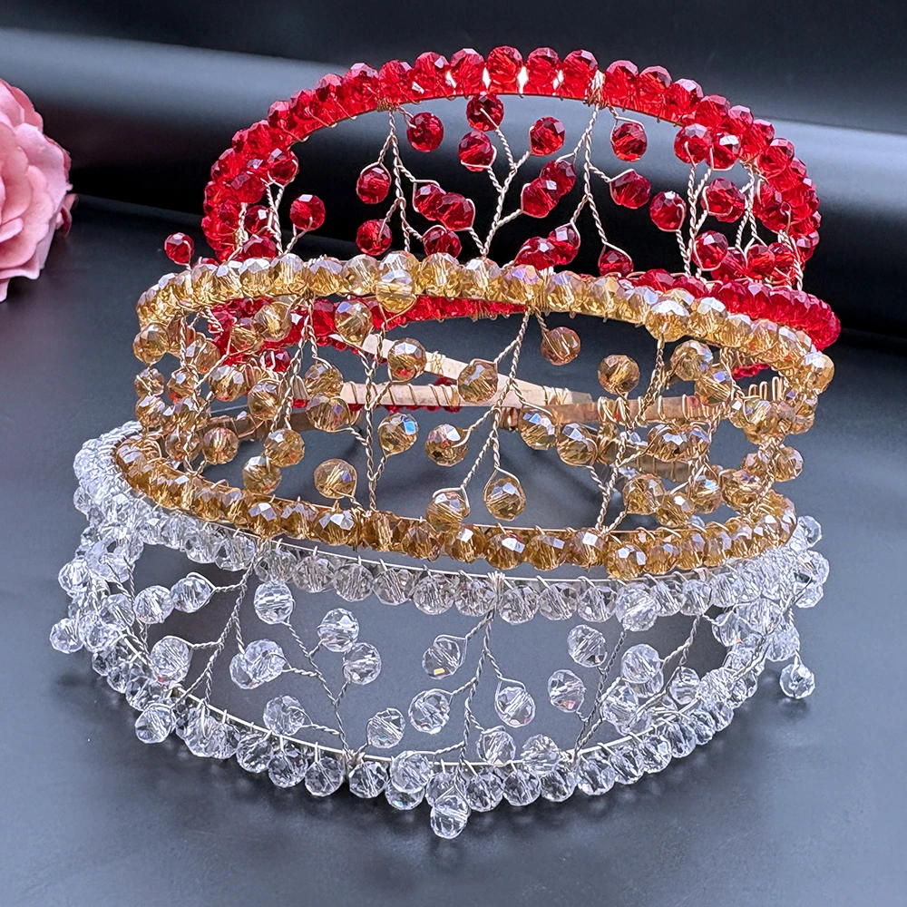 DZ299 Princess Crown Red Crystal Wedding Tiara Champagne Girls Hair Accessories Silver Bridal Headband Birthday Head Hoop Gift