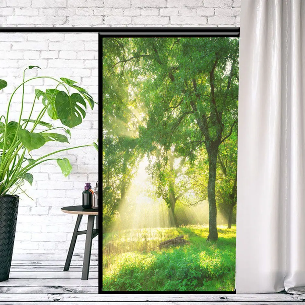 

Sunny Forest Pattern Privacy Window Frosted Film Anti UV Glass Window Film Glue-Free Static Cling Glass Door Decorative Sticker