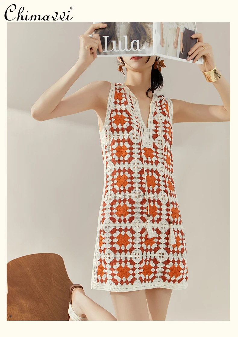 

French Elegant Fashion Casual Summer Dresses V-neck Sleeveless Plaid Hollow Knitted Loose A-line Temperament Short Dress Women