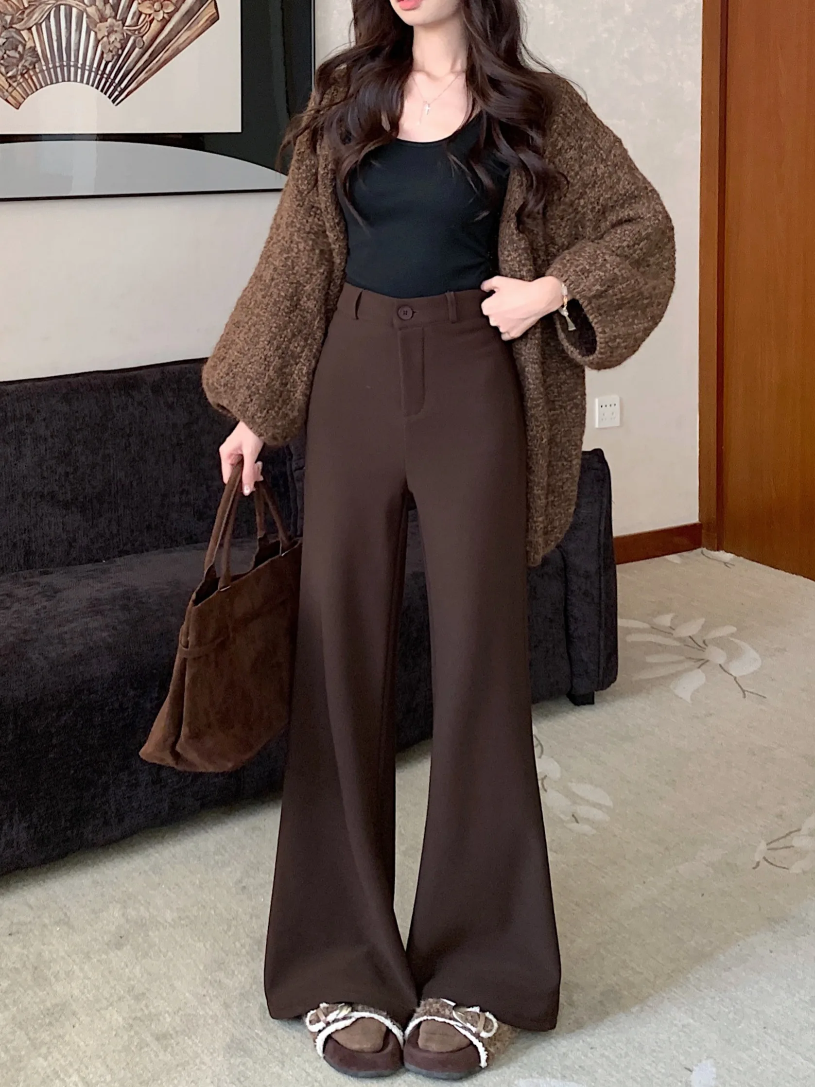 

Модные брюки-костюм с высокой талией, драпировкой и легким клешем, универсальные повседневные брюки, новинка 2025 года