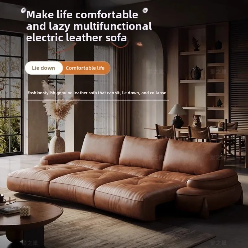 electric sofa leather first layer cowhide, adjustable retractable small apartment Italian minimalist multi-functional sofa bed