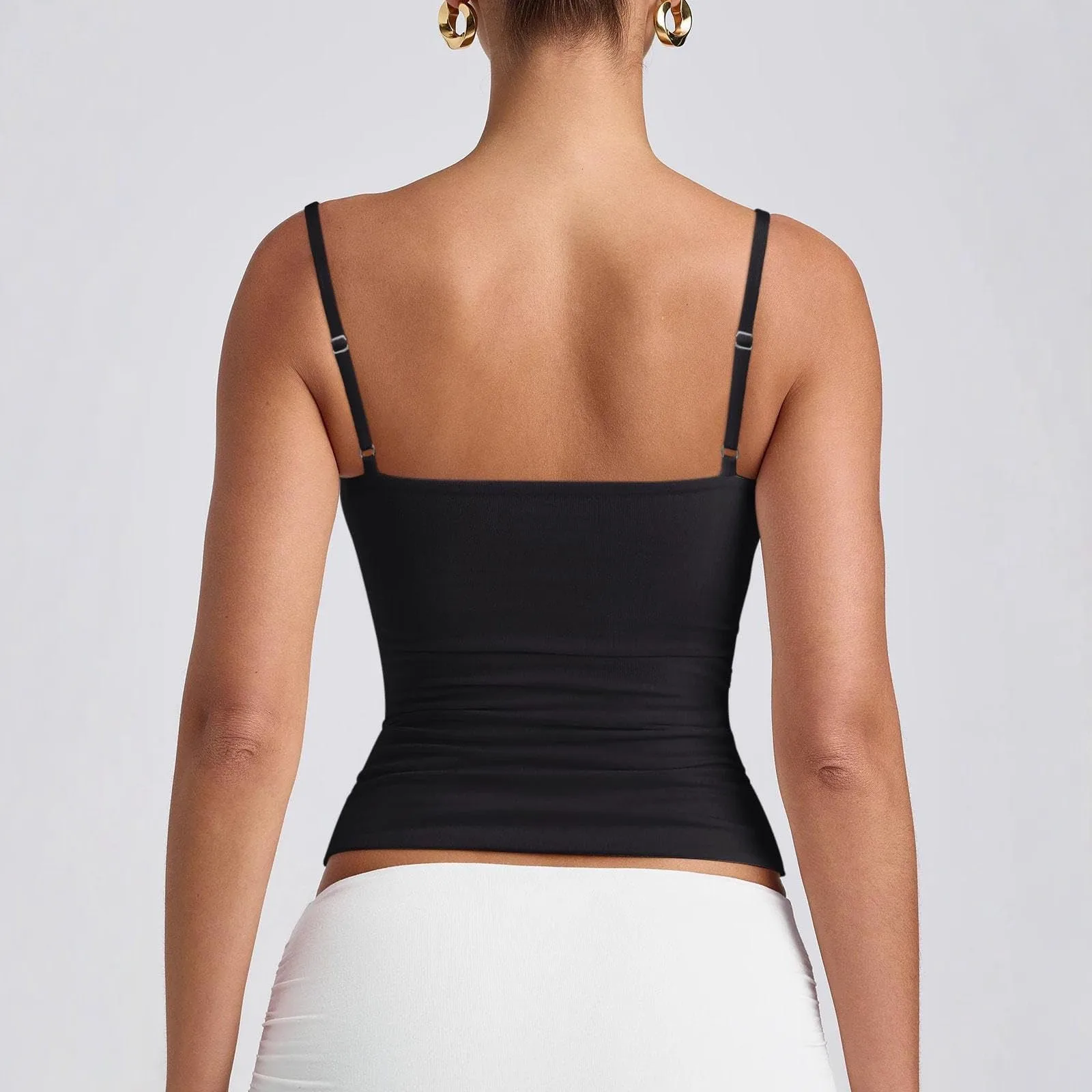 

Casual Black Square Neckline Tank Top Pink Ribbed Texture Sleeveless White Cropped Vest Brown Solid Slim Fit Camisole