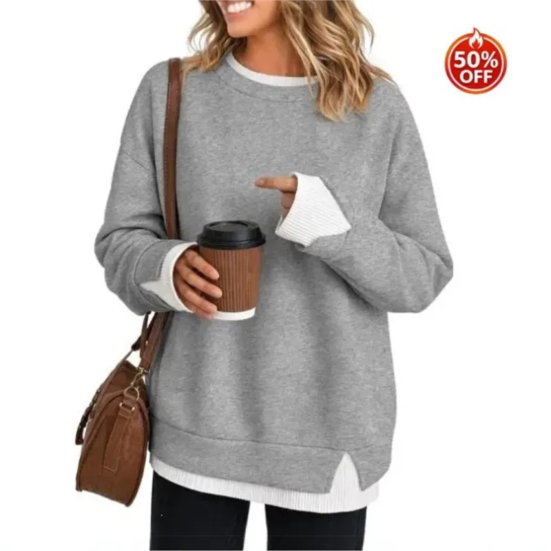 Women's Oversized T-Shirt Crewneck Sweatshirt For Women Faux-Layer Fake Two Piece Patchwork Pullover Side Slit Top Autumn Hoodie