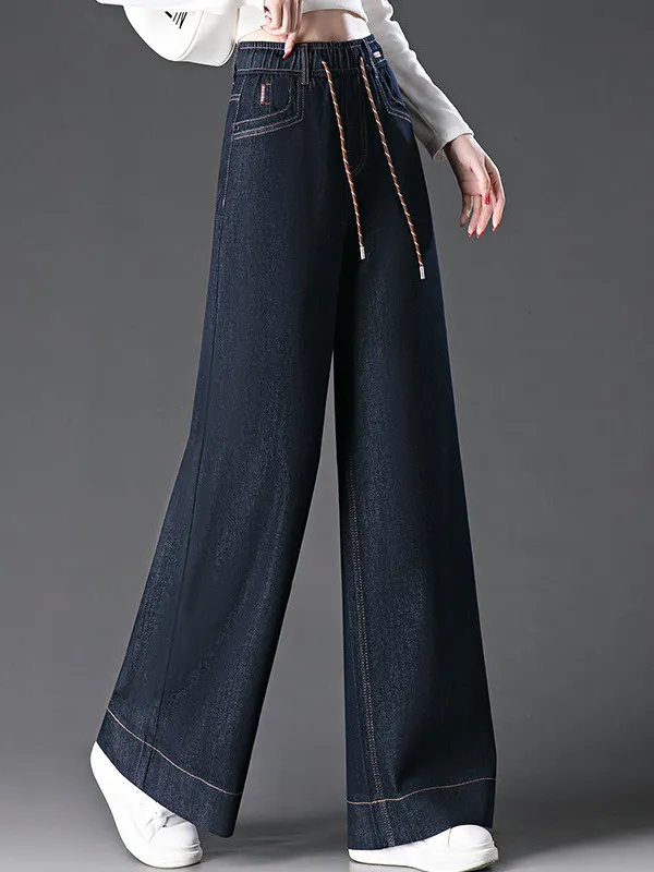 

High Waist Elastic Waist Slimming Wide Leg Denim Jeans Women's Spring Autumn 2026 New Sle Belted Versatile Meat Concealing ...