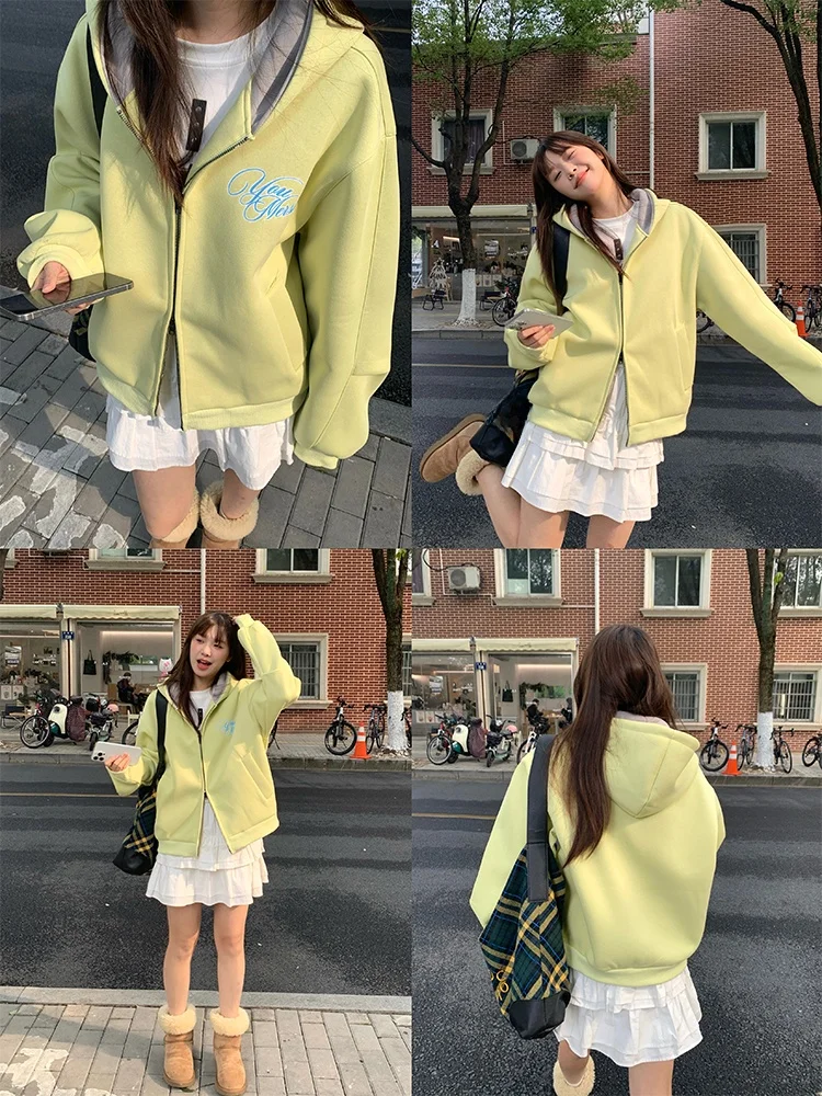 

Retro Korean Sle Girl Simple Letter Print Hooded Open Cardigan Sweatirt Loose Outerwear Sweet School Sle Polyester Cott...