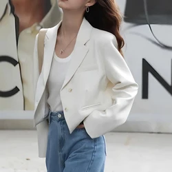 2024 Chic White Cropped Blazers Women Elegant Button Up Long Sleeve Suit Jackets Woman Fashion Notched Collar Office Coat Female