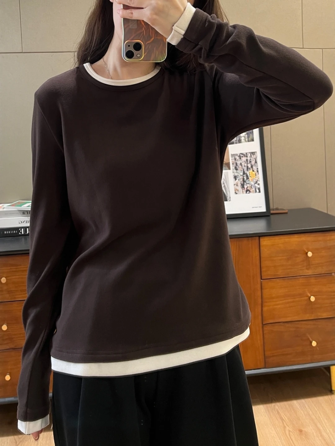 Slimming Long Sleeve T-Shirt Women's Base Layer Inner Wear Top Color Block Design Comfortable Korean Style Floral Pattern