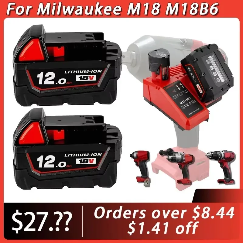 

NEW 18V For Milwaukee M18 M18B6 18V XC 12Ah 9Ah Li-ion Battery 48-11-1860 /Charger rechargeable battery