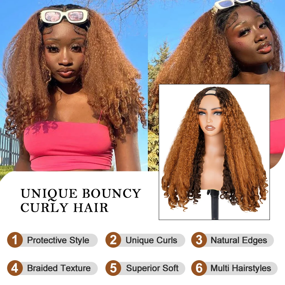 Highlight Ginger Afro Curly V Part Wigs for Women Synthetic Ginger Brown Kinky Straight with Curly Ends Glueless Heat Resistant