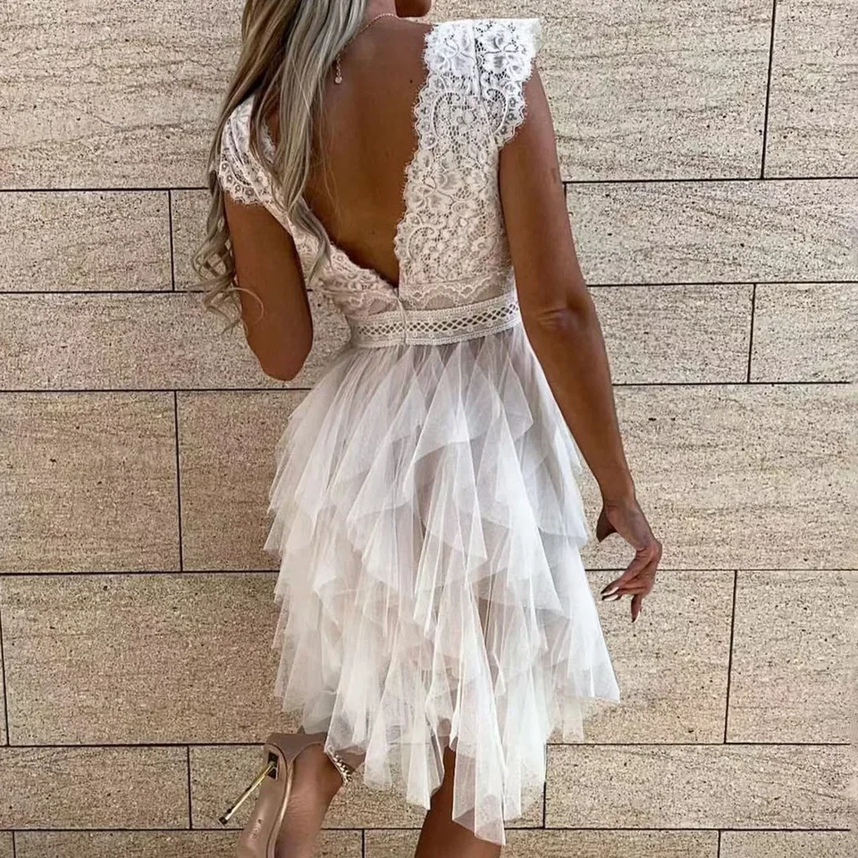 

Backless White Lace Wedding Party Dress Women's Sexy Bow Lace-up Mesh Sleeveless Cocktail Dresses Summer Holiday Prom Dresses