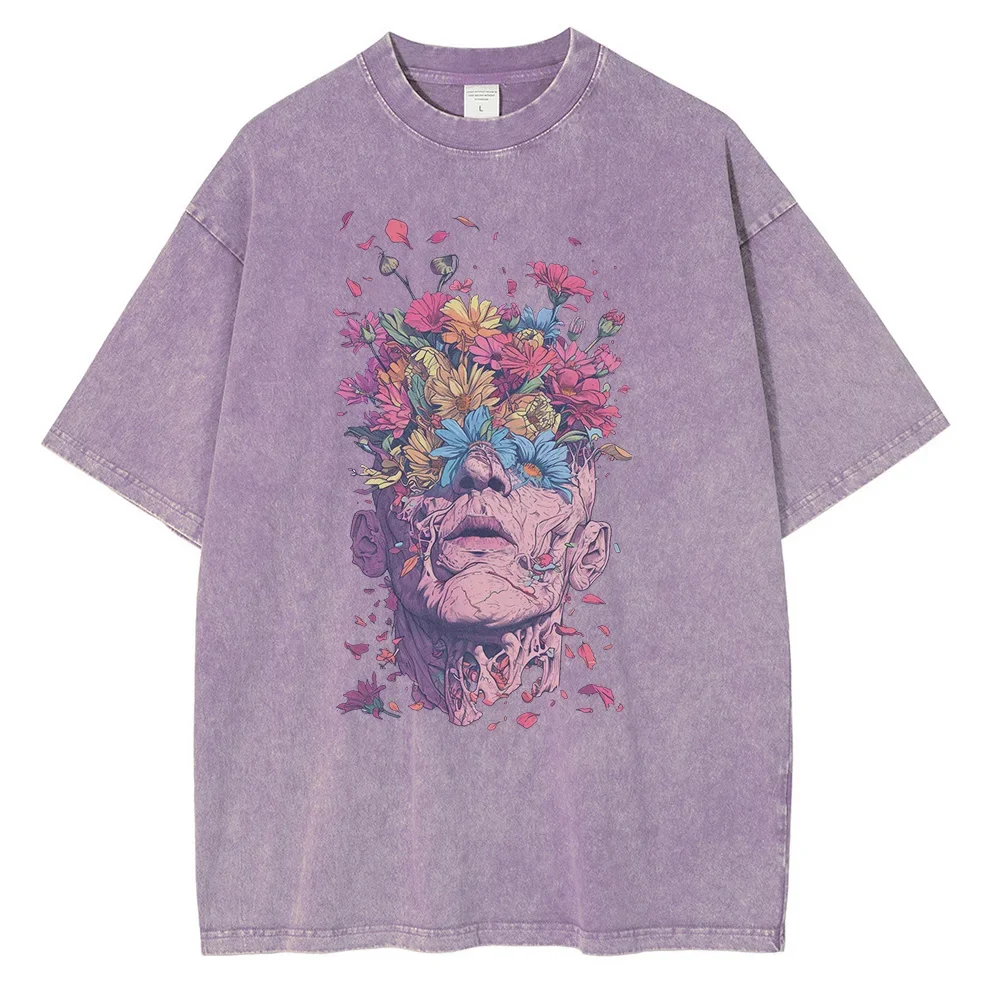 Heavyweight Pure Cotton T Shirts Flowers Emerging Out of Human Eyes and Heads Graphic T-shirts VintageStyle Mens Tops