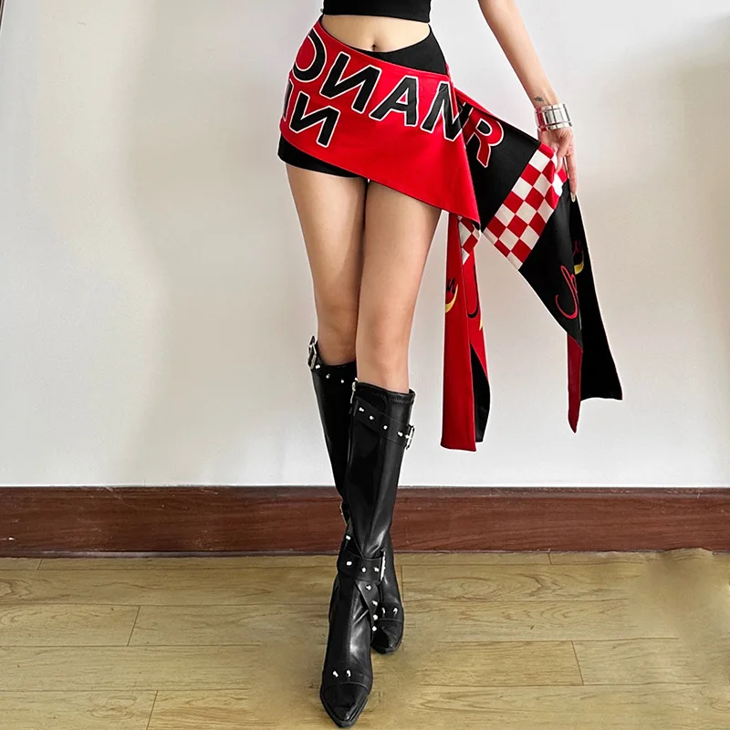 

Лето 2029, новая модная женская юбка с буквенным принтом, вязаная полиэстеровая юбка с высокой талией, асимметричная цветная блузка, трансграничная