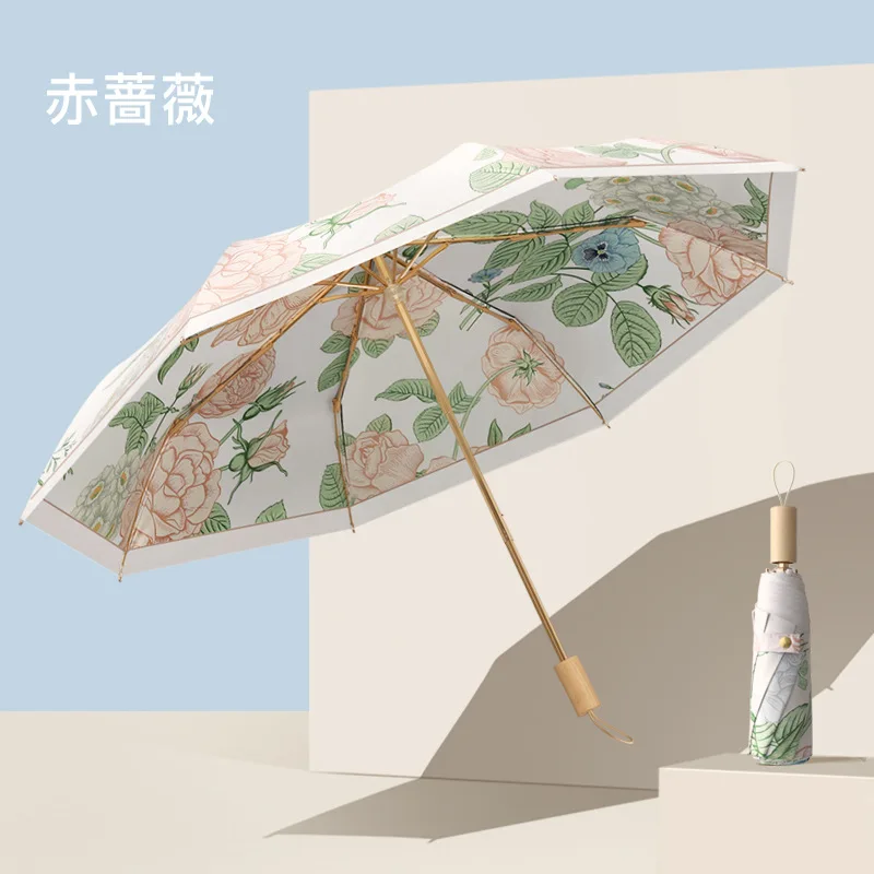 Vintage Floral Waterproof Women\'s Umbrellas Portable Foldable Windproof Sunny Rain Dual-use Travel Beach Umbrella Mini Parasol