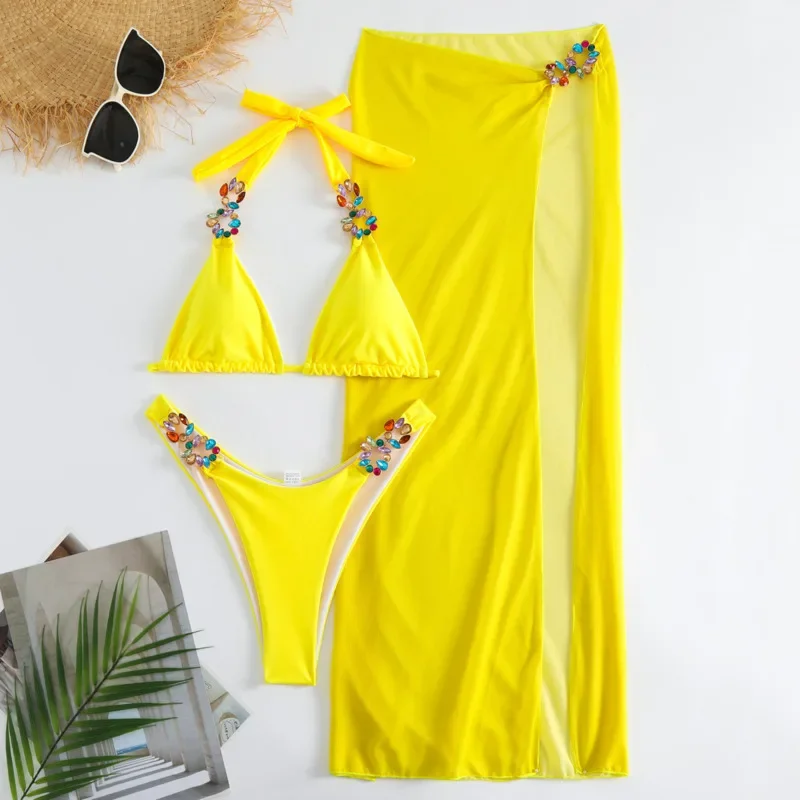 

Yellow Sexy Rhinestones Bikinis 2024 Women Swimwear Female Swimsuit Swimming Bathing Suits Brazilian Bikini Set Beachwear Bather