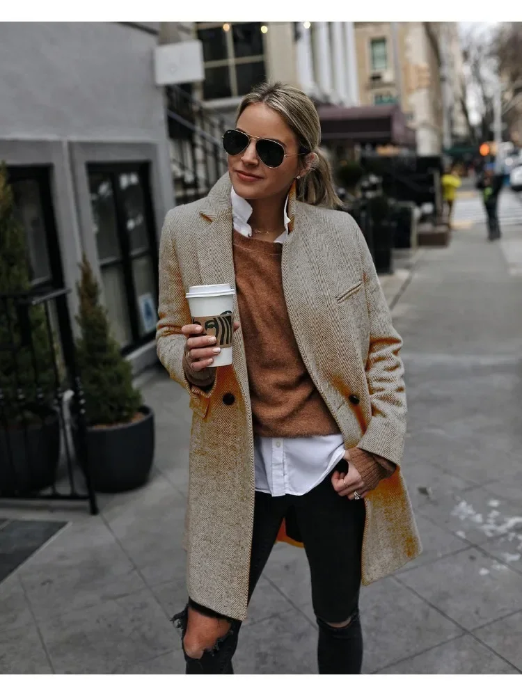 Women's Autumn/winter Casual Lapel Coat Loose Commuting Coat Checkered Printed Versatile Multi-color Minimalist Coat
