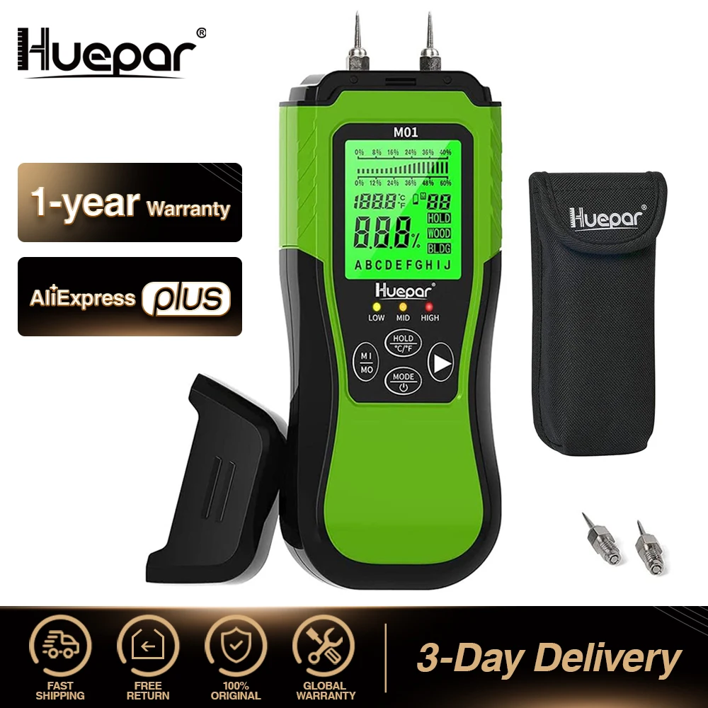 Huepar Digital Wood Moisture Meter Pin-Type Water Leak Detector with 2 Measuring Modes -8 Types of Wood Dampness Tester with LCD