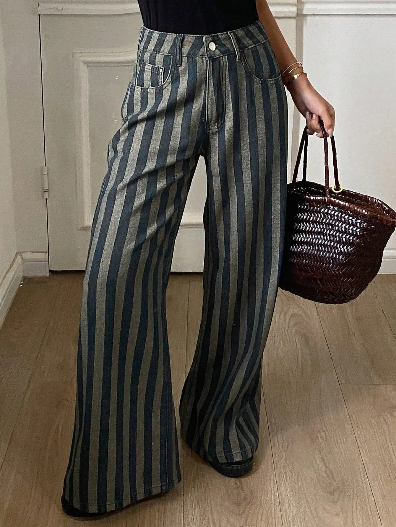 

Women Loose Fit Striped Wide Leg Jeans Casual Office Wear Spring Autumn